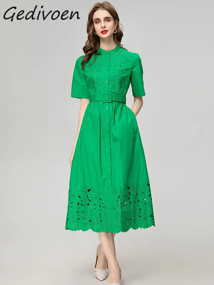 

Gedivoen Fashion Runway Summer Dress Women's Short sleeve Sashes Hollow Embroidery Solid Green Midi Dress