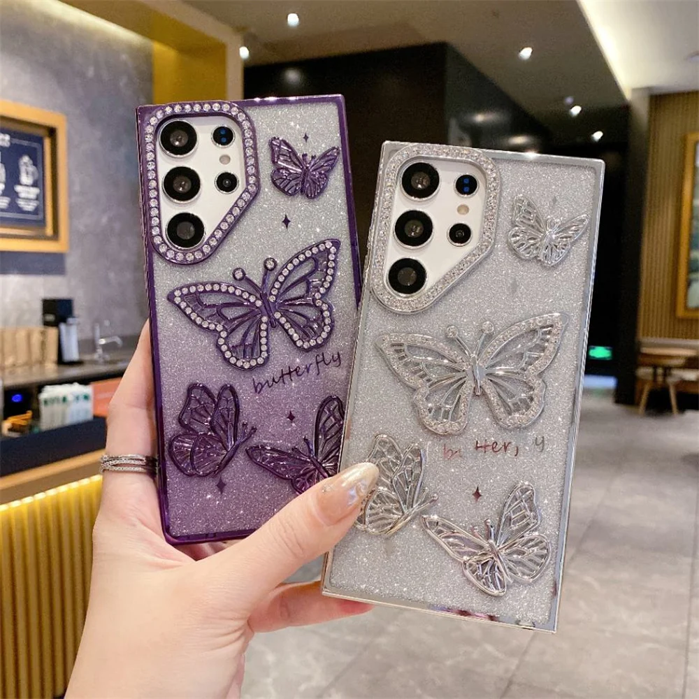 Cute Cartoon 3D Butterfly Diamond Glitter Gradient Phone Case with Plating Trim