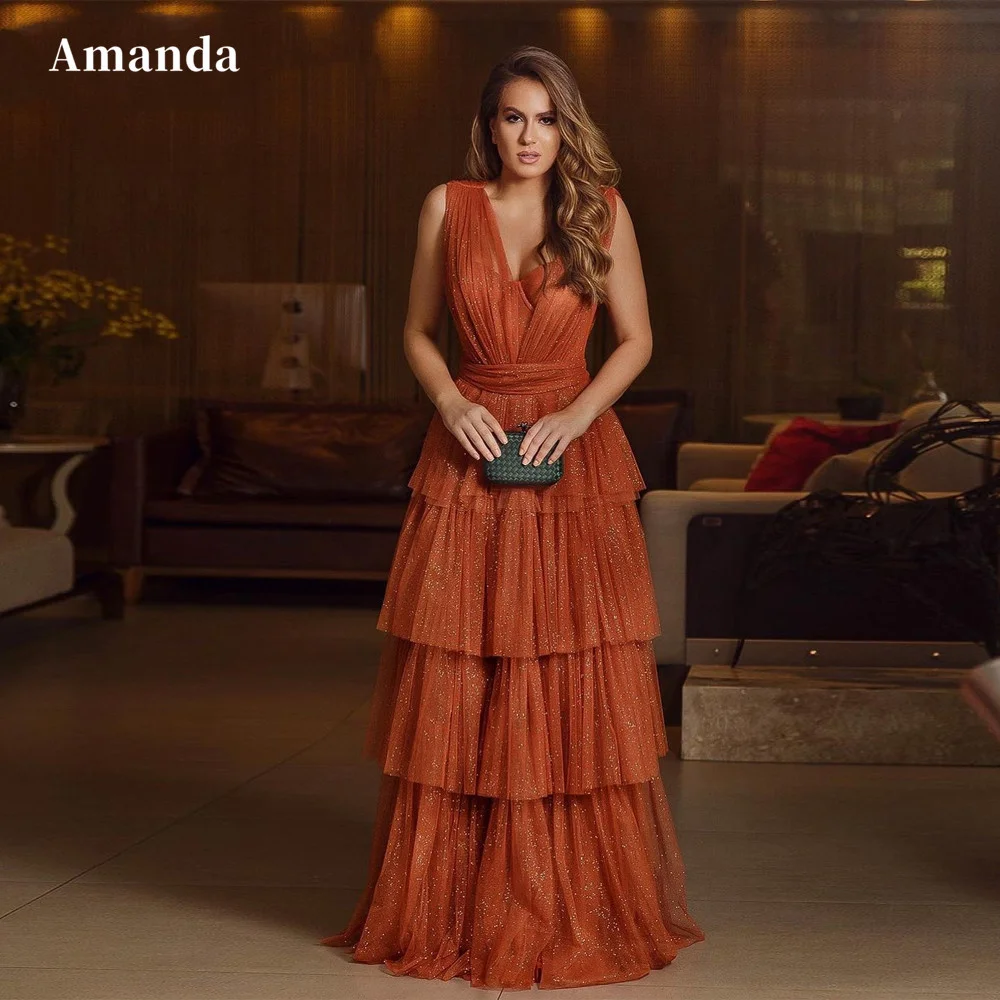 

Amanda Glitter Sleeveless Prom Dress Dark Orange Party Dress Mltilayer A-line Evening Dress Floor Lenght Straight Evening Dress