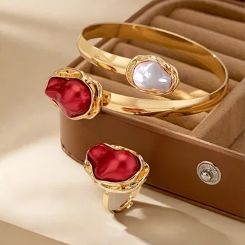 Personality Exaggerated Irregular Special-shaped Imitation Pearl Ring Open Bracelet Set For Women Girls Holiday Party Gift S249 1