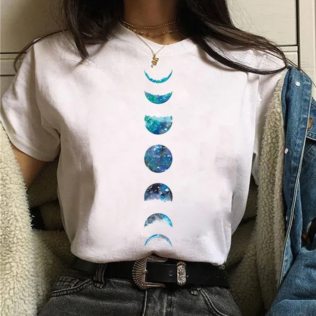 New Women's T-shirt Oversized Streetwear Black Moon Casual Round Neck T-shirt Lunar Eclipse Printed Women T-shirt Tee Tops E477-White