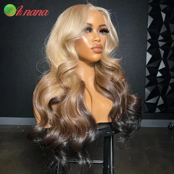 HD 13x4 Lace Frontal Wig Body Wave Ombre Blonde Brown Colored PrePlucked Highlight5x7 Lace Closure Wig Human Hair Wig For Women 1