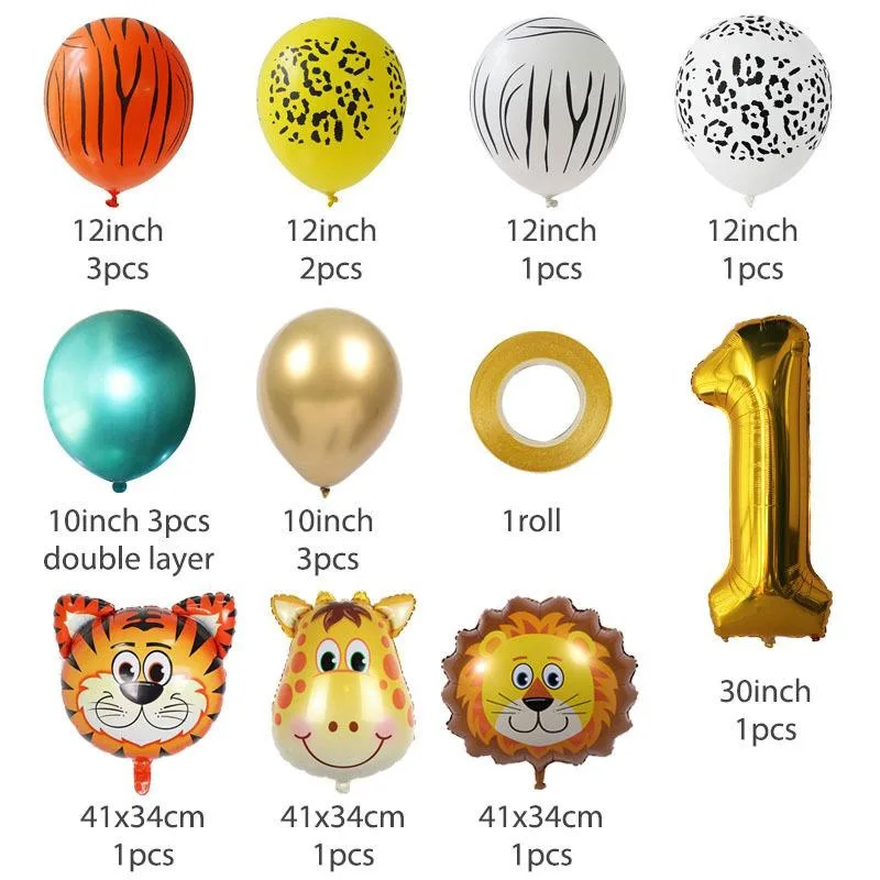Jungle Animal Balloons Set Chrome Metallic Latex Balloon  Gold Number Kids Birthday Party Baby Shower Decor