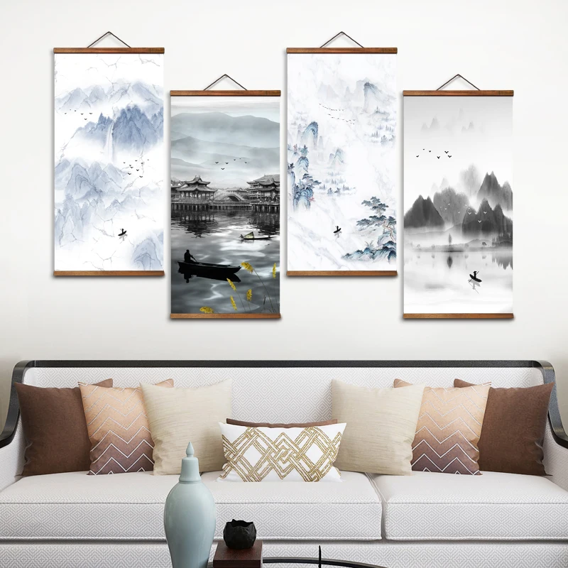 

MT0955 Chinese Stylesunrise landscape Ink Canvas Decorative Wall Art Posters Solid Wood Scroll Paintings