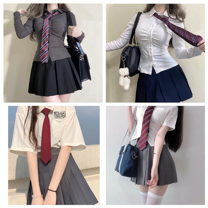 Women Solid Or Red Stripes Long Tie Girls Bow Tie Necktie Choker For Japanese Korean Students JK School Uniforms Neckwear 5