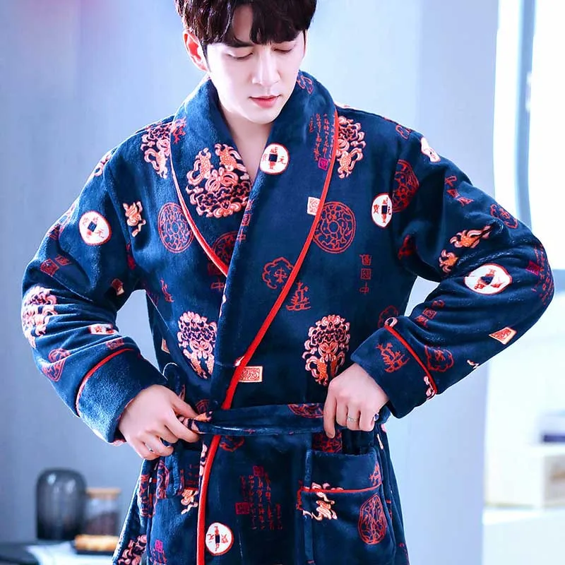 Coral Fleece Male Robe Autumn Winter Flannel Warm Sleepwear Men Thicken Bathrobe Lounge Nightgown Oversized Leisure Home Clothes jockey pajama pants Men's Sleep & Lounge