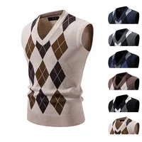 Men's Knitted Sweater Vest Casual V-neck Winter Fashion Diamond Pattern Embroidery No-sleeve Top Youth Cross-border Clothing