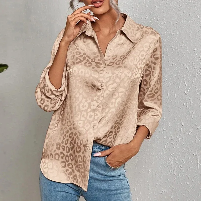 New Long-sleeved Fashion Women's Lapel Leopard Print Cardigan Shirt Casual Office Button-up Single-breasted Blouse 19169