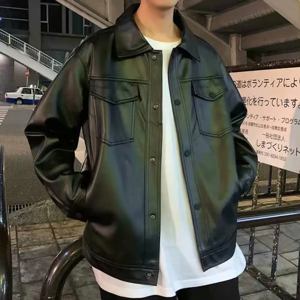 Men Motorcycle Faux Leather Jacket Large Size Pocket Zipper Lapel Slim Male Spring Autumn High Quality Turn-down Collar Pu Coat