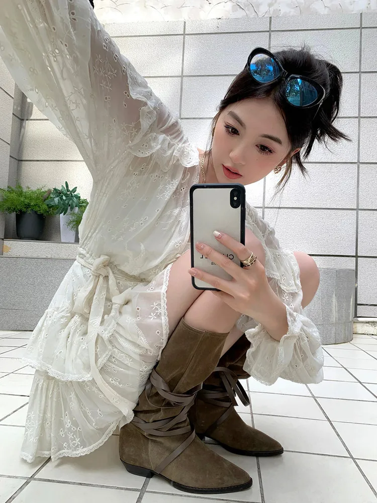 Black Suede Embroidered Knee High Boots Women Pointed Toe Spike Heel Autumn Winter Long Boots Leather Handmade Knee Knight Boots