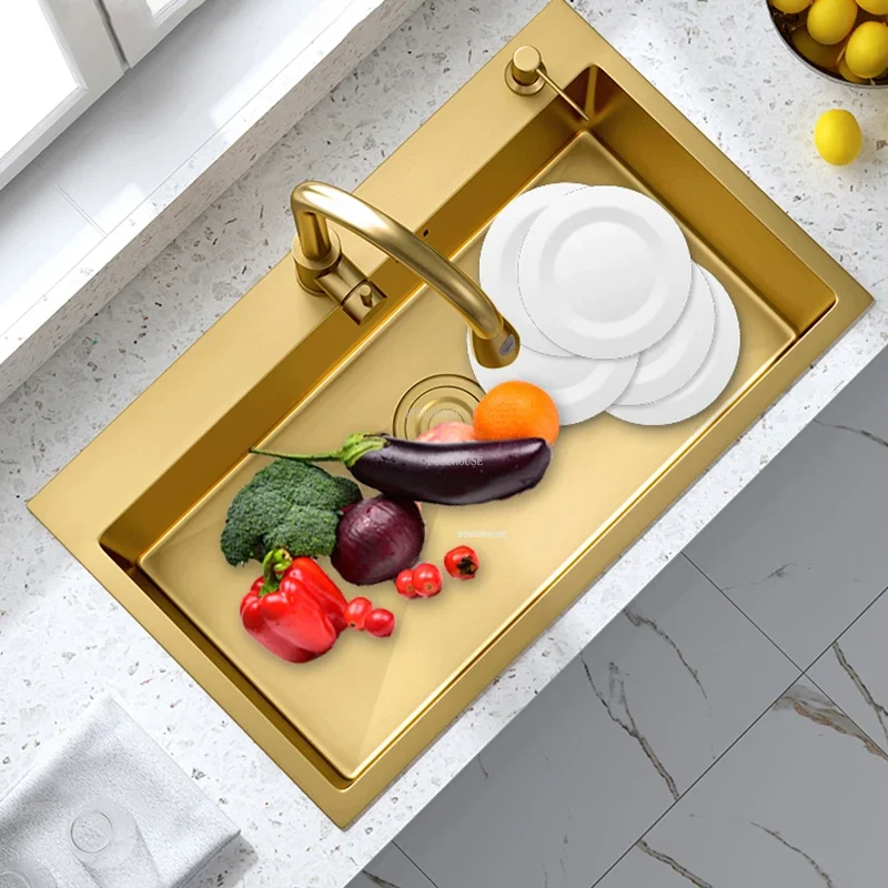 Gold Stainless Steel Kitchen Sinks Modern Home Kitchen Accessories Light Luxury Handmade Single-slot Under-counter Basin