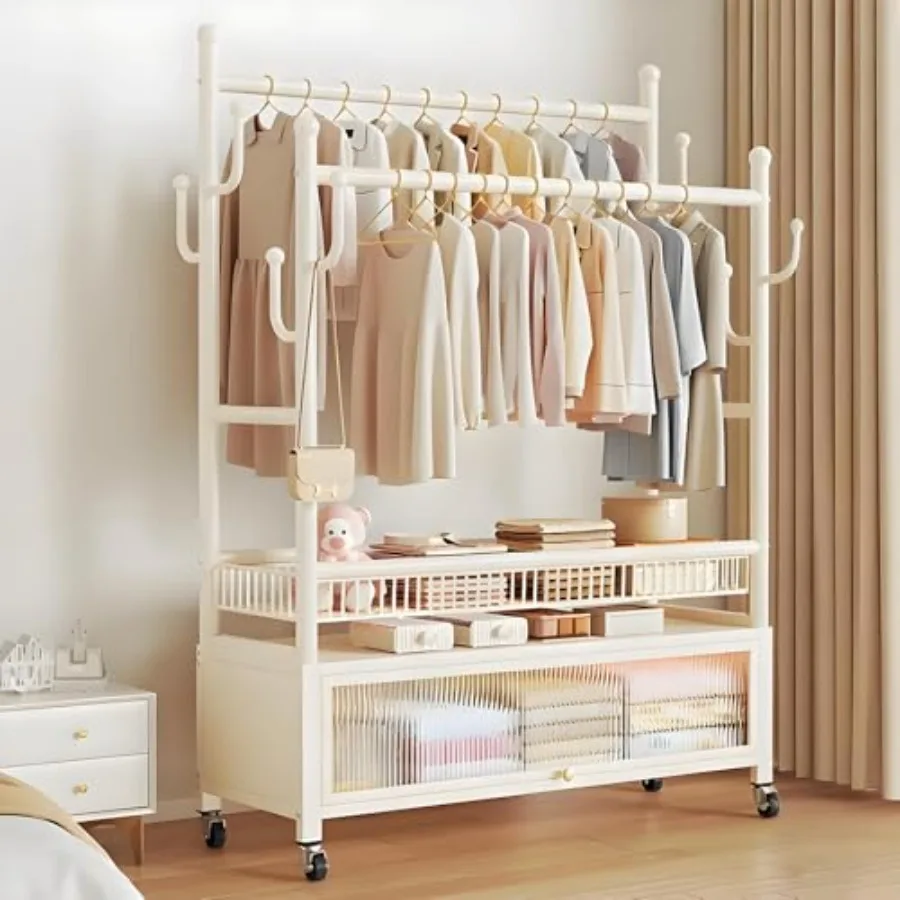 Rolling Clothing Rack Clothes Rack with Shelves Double Rods and Side Hooks Portable Wardrobe Rack Metal Garment Rack Sturdy Coa