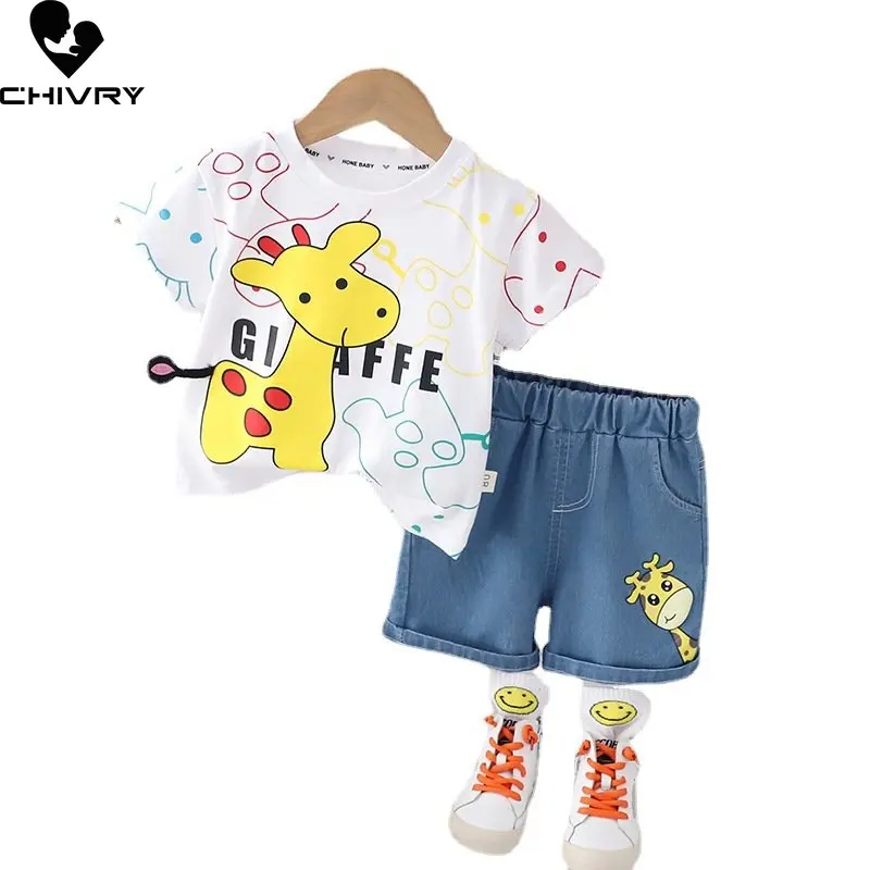 

New 2023 Boys Clothing Sets Baby Boy Summer Cartoon Giraffe O-neck Short Sleeve T-shirt Tops with Denim Shorts Kids Clothes