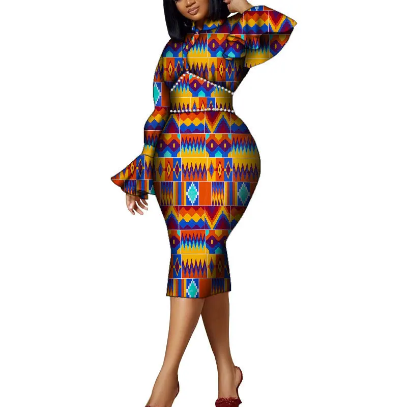 

African Dresses for Women Print Flare Long Sleeve Dresses Vestidos Bazin Riche African Wedding Party Sexy Ankara Dresses