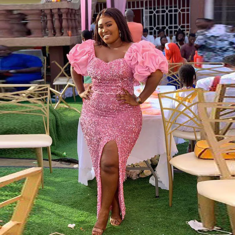 

Glitter Velvet Sequins Plus Size Prom Dresses Side Split Aso Ebi Wedding Party Gowns Puffy Short Sleeves Vestito Cerimonia Donna