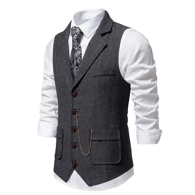 Men's Retro Lapel Chain Vest Fashion Herringbone Coarse Tweed Pockets Suit Vest British Casual Vintage Gentleman Leisure Party 2