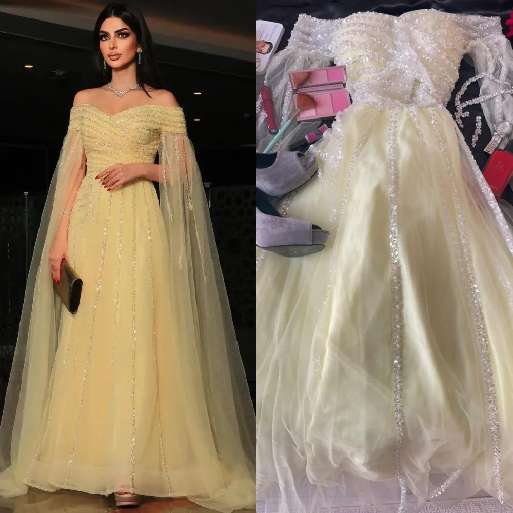 Abiti Da Ballo Retro Squisito Off-The-Spalla A-Line Paillettes Tulle Abito Per Occasioni Formali Abito Da Cerimonia Donna Robes De Bal