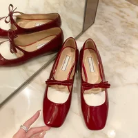 2024 New Bowknot Mary Jane Shoes Women Square Toe Glossy Leather Flats Female Red Dance Ballets Party Ball Bridal Wedding Shoes 1