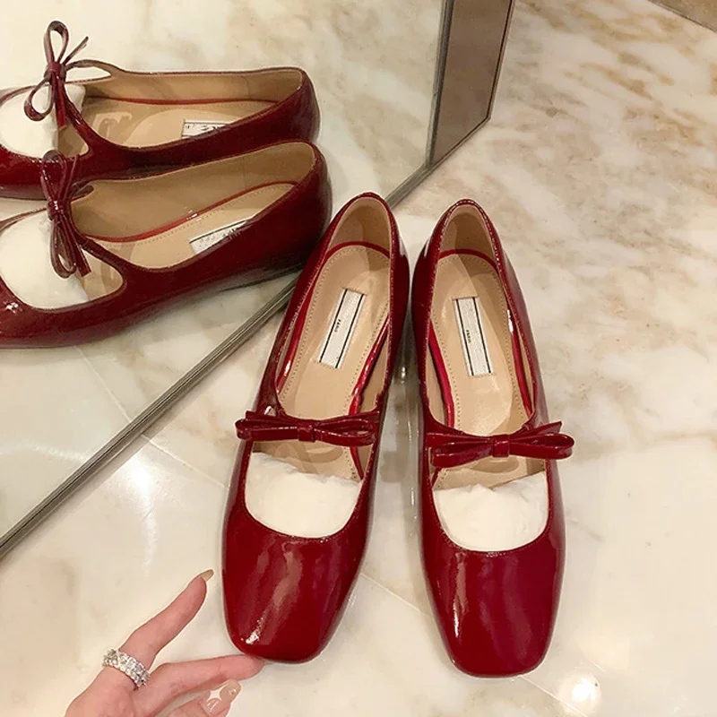 2024 New Square Toe Glossy Leather Flats Women Bowknot Mary Jane Shoes Female Red Dance Ballets Party Ball Bridal Wedding Shoes 3