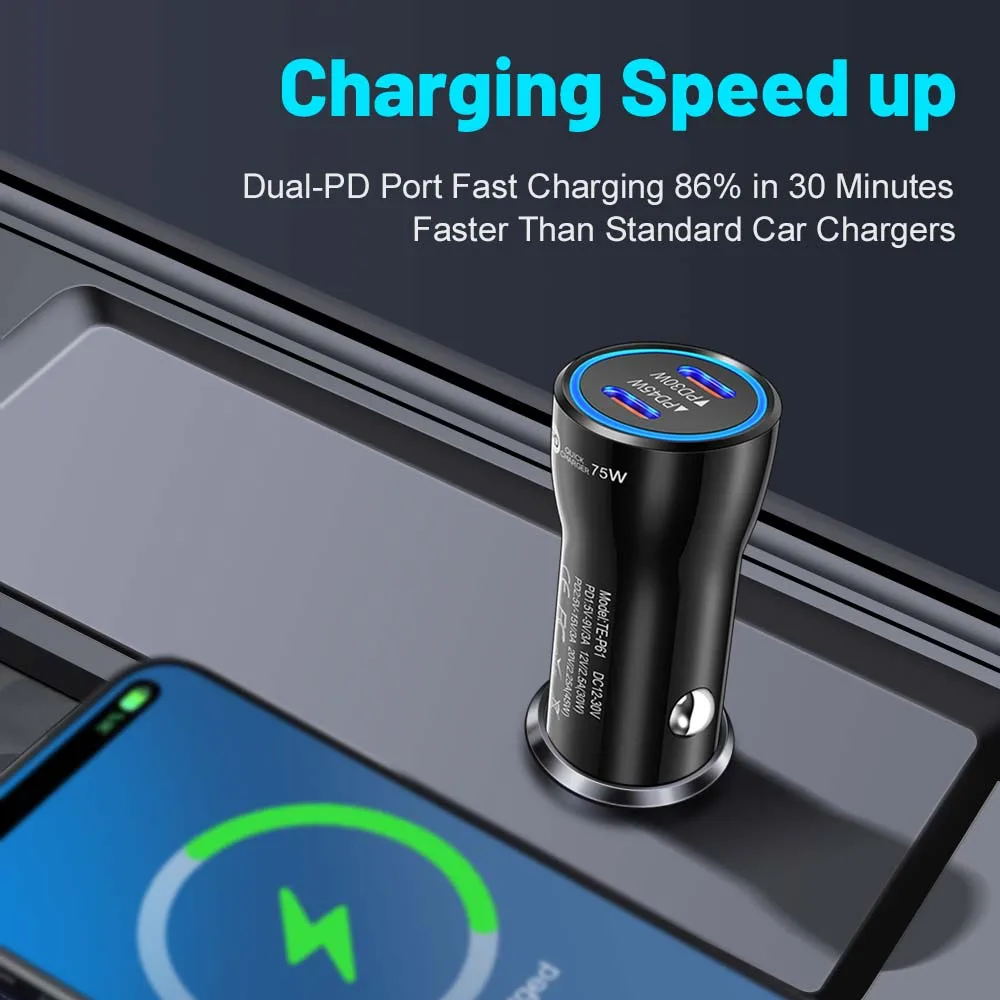 75W 2-port USB C Car Charger In Car Fast Charge Adapter For iPhone Xiaomi Samgsung Car Phone Charger