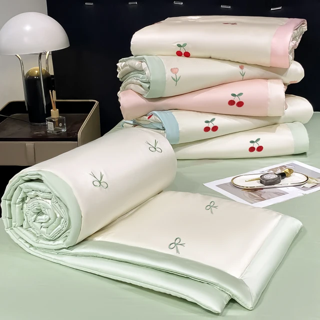 High-end Embroidered Spring Summer Quilt 4 Pcs Set or 3 Pcs Set or 1 Pcs Luxury Skin- Friendly Summer Blanket Lightweight Duvet 2