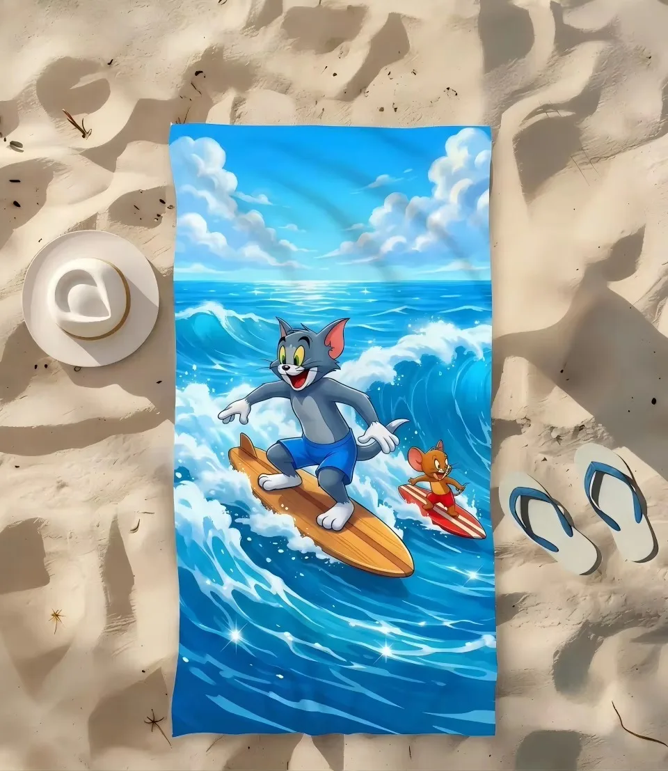 T-Tom and J-Jerry 오션 웨이브 서핑 비치 타월 빠른 건조 극세사 흡수성 수영 캠핑 목욕 선물로 완벽함