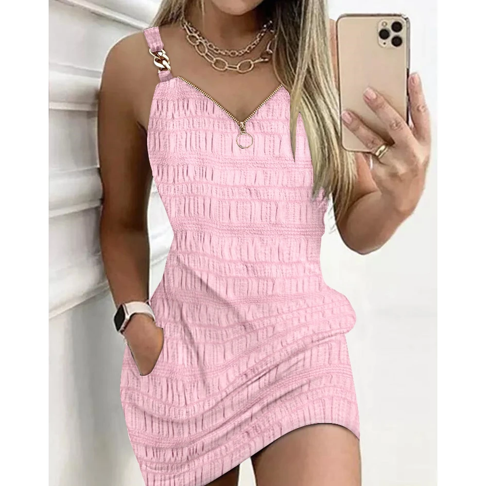 

Women Zipper Design Textured Suspender Dress 2023 Femme V Neck Skinny Slit Party Pink Bodycon Dress Festival Lady Costume traf