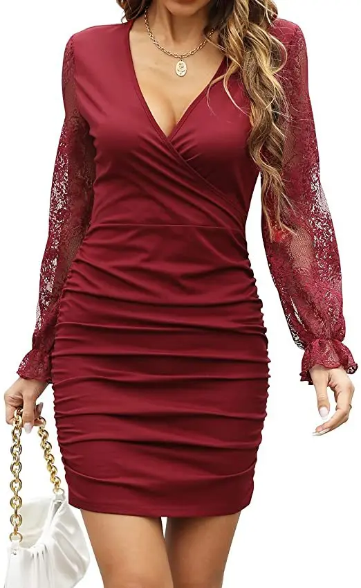 

Sexy Womens V Neck Lace Slim Fit Long Sleeve Sundress Dresses Ladies Bodycon Party Gown Clubwear Cocktail