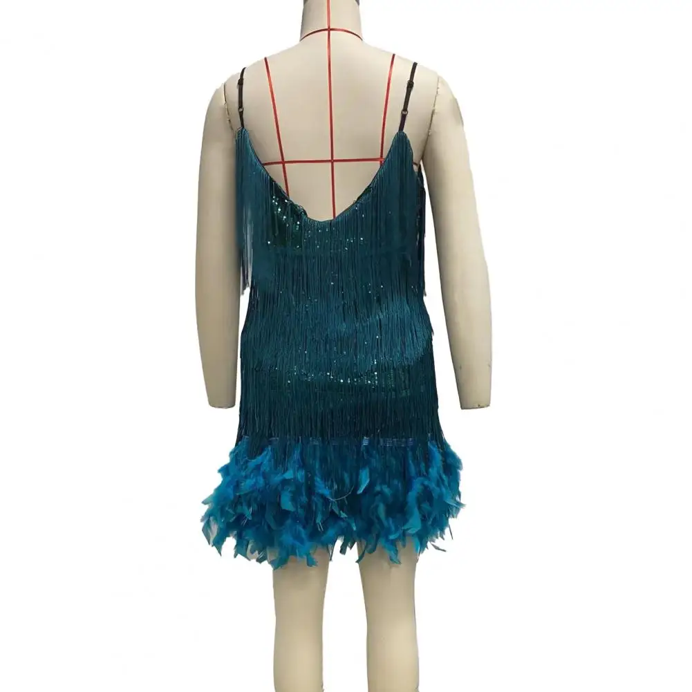 

Loose Cut Dress Sparkling Sequin Tassel V Neck Party Dress with Feather Decor for Women Backless Rumba Cha-cha Dance Costume