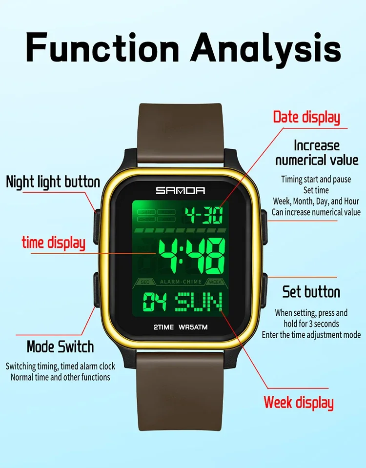 Sanda Fashion Men's Electronic Watch Multi Function Square Dial Calendar Sports Luminous Waterproof Countdown Man Digital Watch, Alina Gadgets
