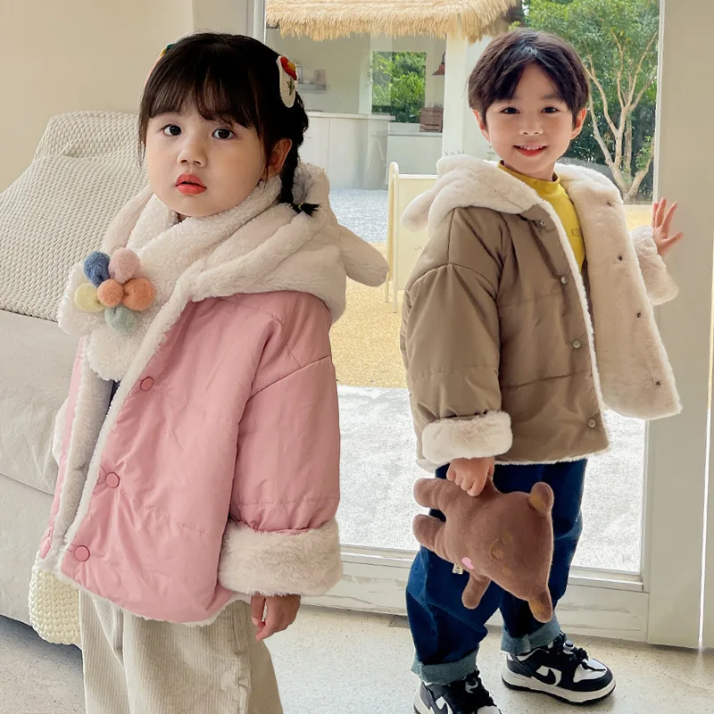 

Sweet Winter Jacket Girls Clothes Sweet Cartoon Bear Embroidered Add Velvet Warm Hooded Coat High Quality Children's Clothing
