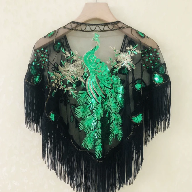 

Chinese Phoenix Spring Summer Women's Sequins With Shawl Top New Mesh Cloak Girl Versatile Sunscreen Fashion Lace Green
