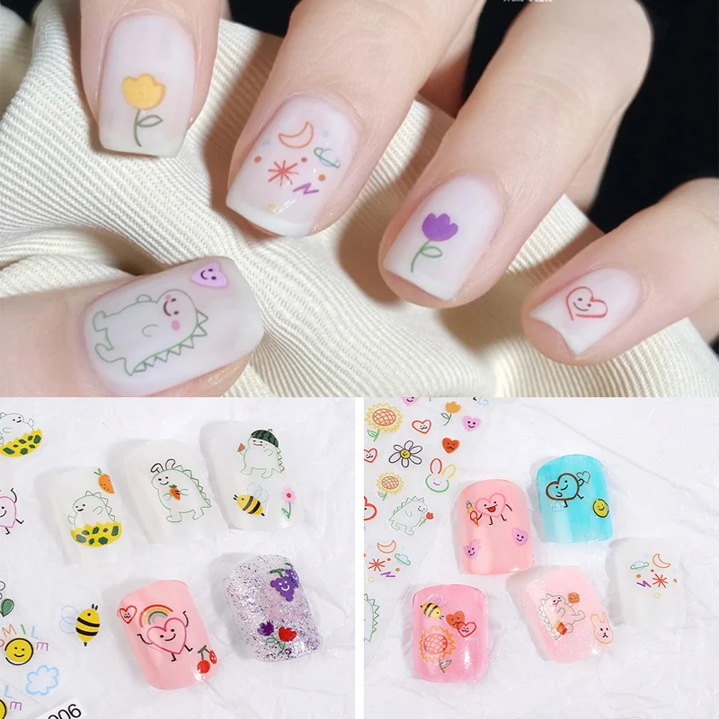 

1Pcs Kawaii Dinosaur Nail Art Sticker Korean Self-adhesive Decal Cartoon Simple Strokes Sliders Manicure Decoration Accessories