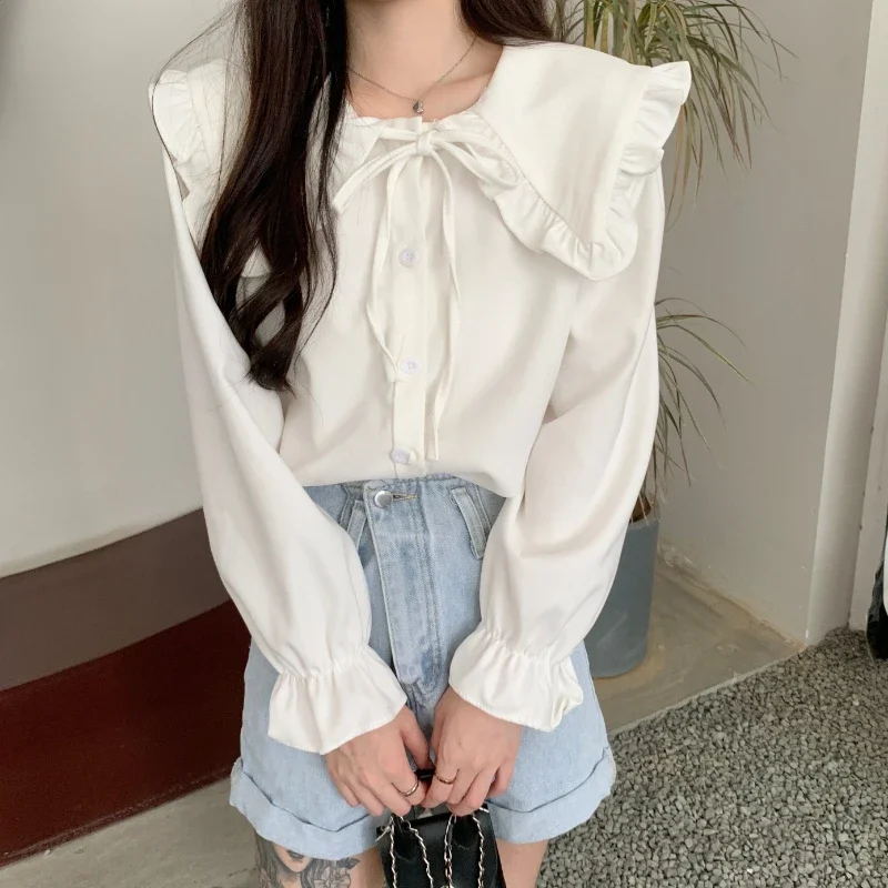 Peter Pan Collar Shirt Women Spring and Autumn Bow Lace-up Flare Sleeve Office Lady Blouse Fashion Versatile Daily Basics Tops юбка средней длины luckymarche daily banding flare qwkax23211nyx