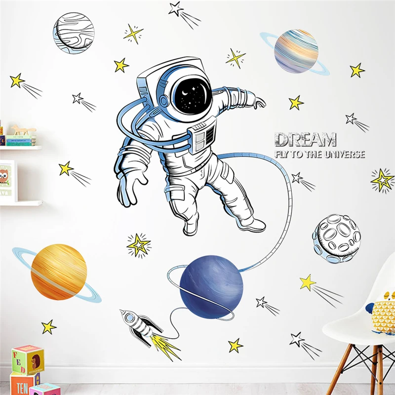 

Cartoon Astronaut Travelling In Cosmos Wall Stickers For Kids Room Home Decoration Planet Star Mural Art Pvc Decals Space Poster