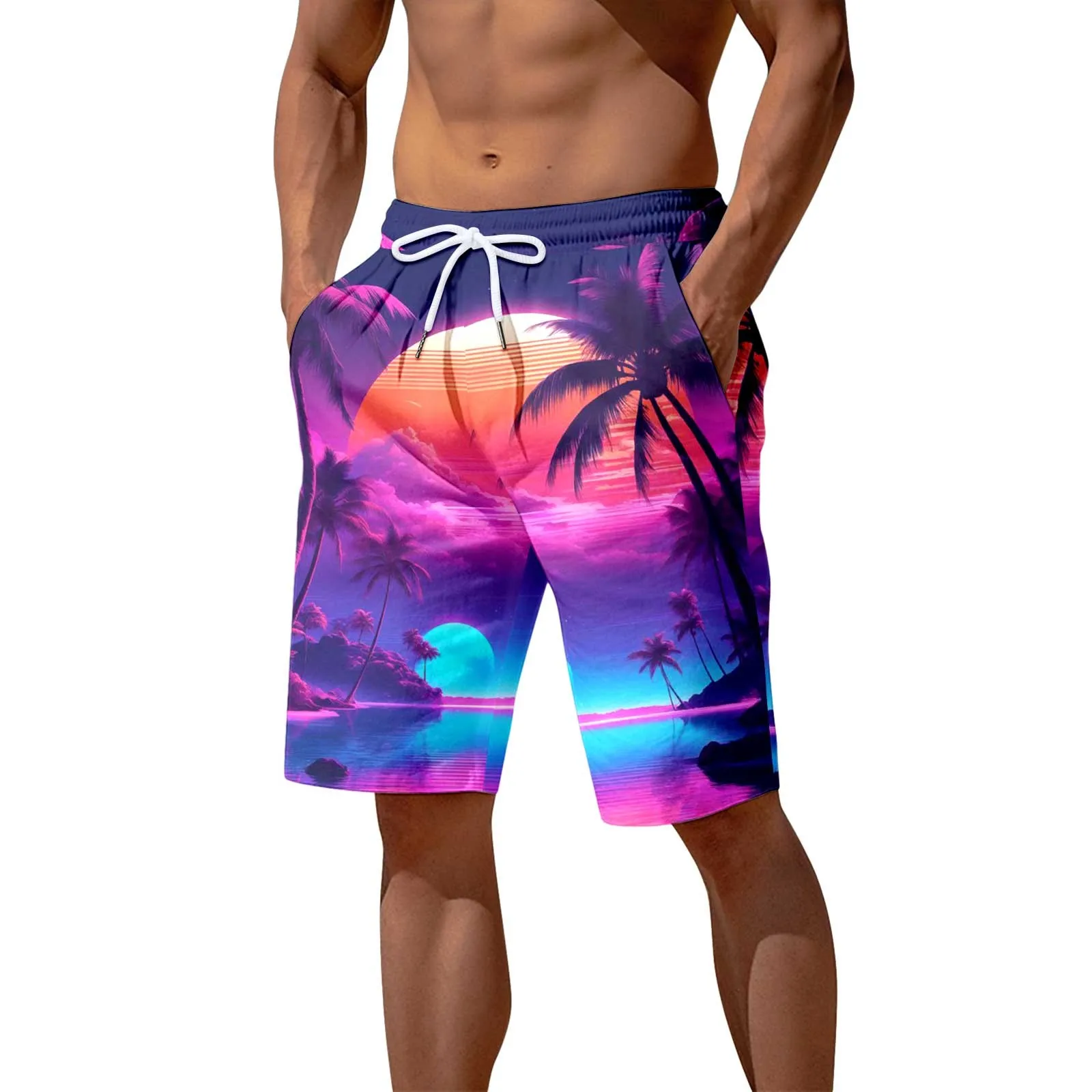 

Mens Beach Pants 3D Printed Seaside Coconut Tree Sunset Printed Beach Pants Casual Shorts