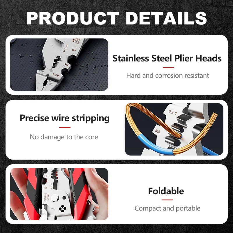 16-In-1 Foldable Stainless Steel Wire Stripper Multifunctional Folding Wire Stripping Plier for Peeling/Winding/Pressing/Cutting