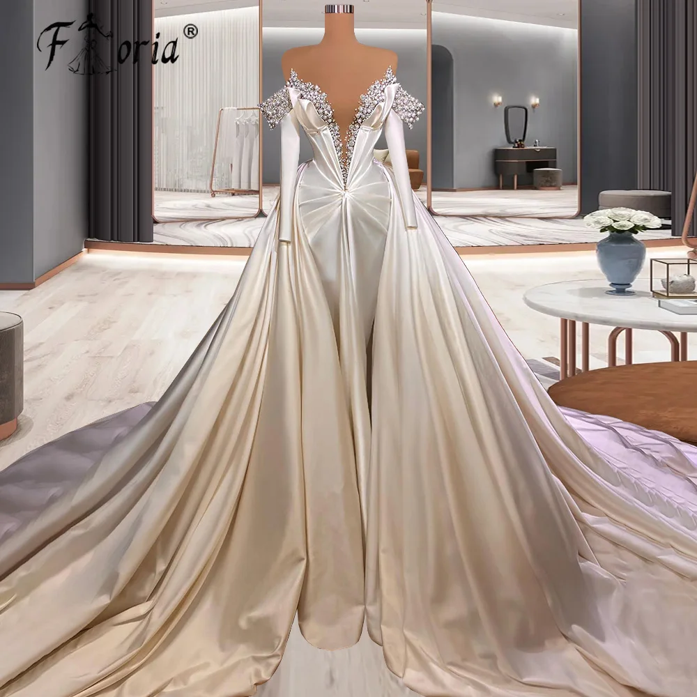 

Vestido De Noiva Elegant Pearls Crystal Mermaid Wedding Dress 2022 Couture Long Sleeve Overskirt Satin Bridal Gown African Woman