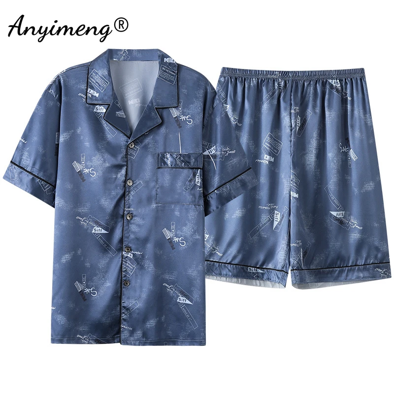 New Fashion Summer Short Sleeve Short Pants Pajamas Blue Man Clothes Sleepwear Turn-down Collar Leisure Luxury Ice Silk Homewear men's pajama sets