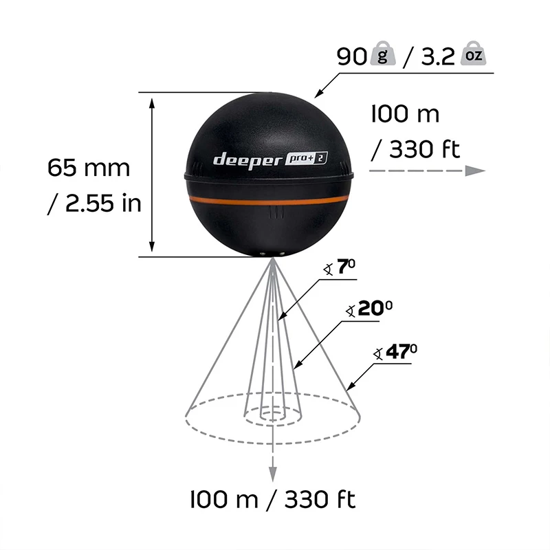 Fish Finder Deeper PRO Plus 2.0 Castable Portable WiFi Kayaks Boats Shore Ice Fishing Smart Sonar