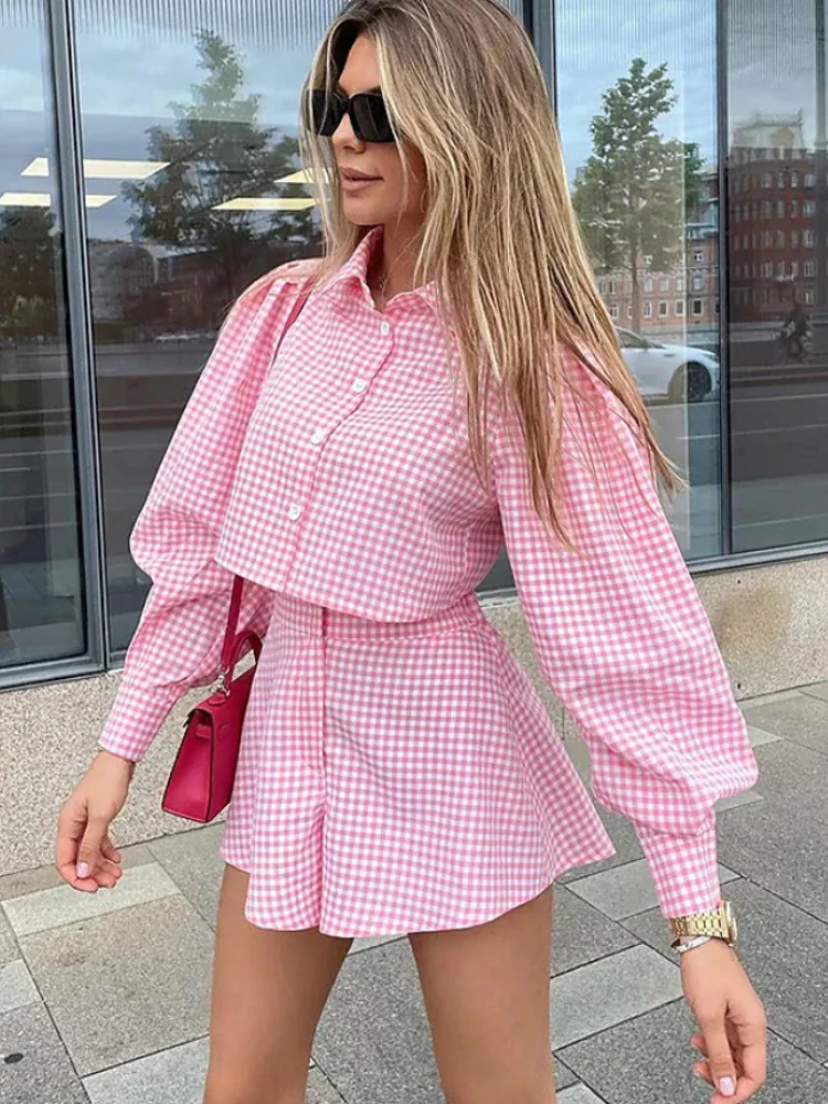 

Plaid Two Piece Short Sets Women Summer Puff Sleeve Shirt Tops + Wide Leg Shorts Sets Chic 2 Pieces Sets Outfits Female Suit