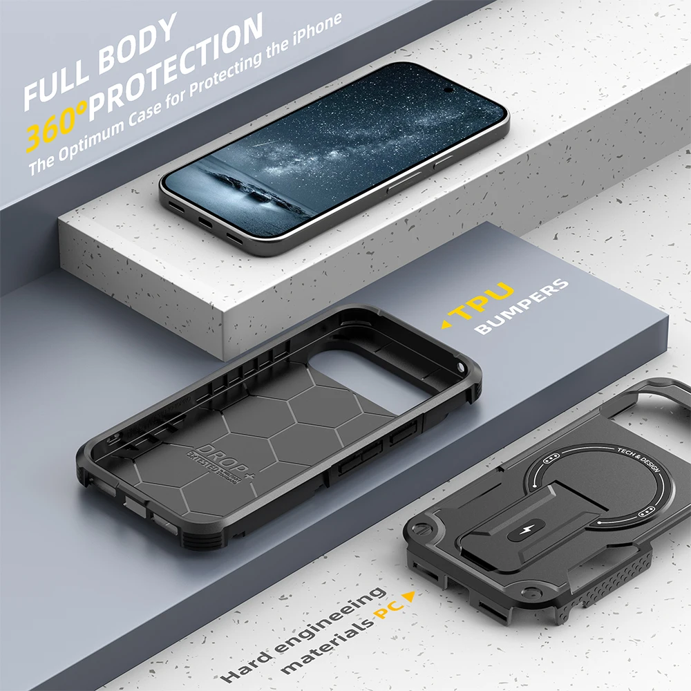 Armor Hybrid Shockproof Phone Case with Foldable Stand and MagSafe Compatibility