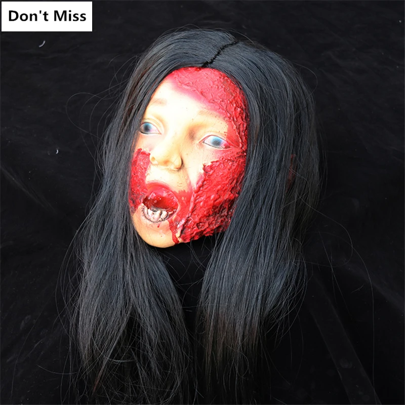 

Haunted House Horror Dummy Head Witch Ghost Long Hair Dead Head Pendant Halloween Props Room Escape Beheaded Pendant