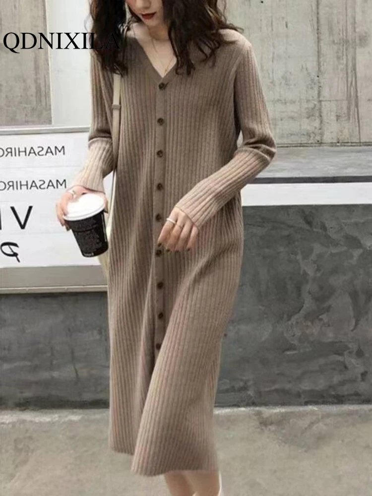 

Womens Dresses 2023 Autumn Winter Korean Version New in Women Clothes V-neck Long Sleeve Solid Loose Casual Knit Sweater Dress