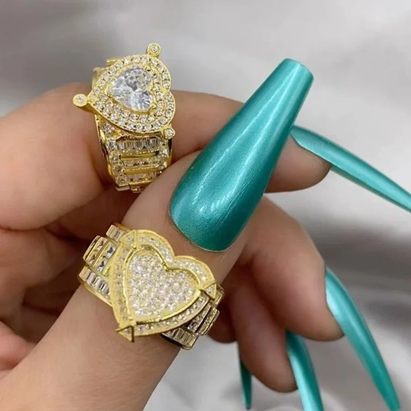 Micro Pave Clear CZ Heart Shaped Couple Rings For Lover Iced