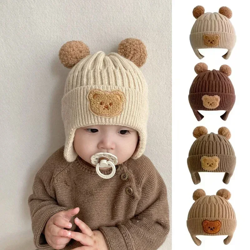 

Winter Baby Beanie Cap Cartoon Bear Ear Protection Knitted Hat for Toddler Boys Girls Cute Korean Warm Kids Crochet Hats Gorros