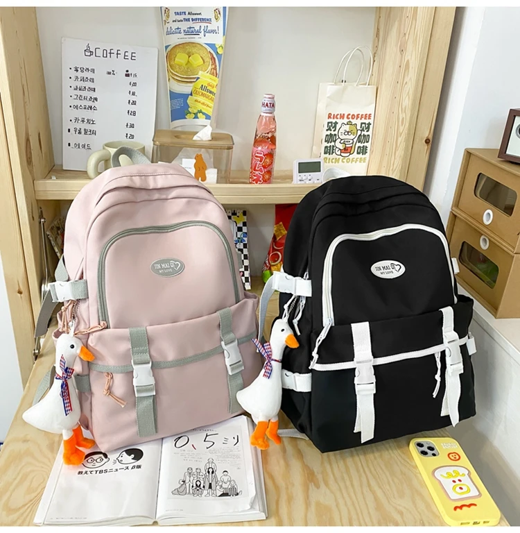 New High School Harajuku Double Buckle Women Backpack School Bags Teenage Girls Kawaii Backpack Waterproof Student Bag Mochila