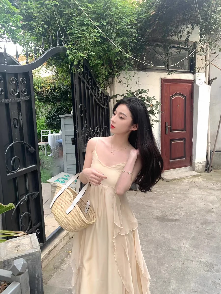 New Spaghetti Strap Elegant Dresses for Women Summer Ruffles A-line Holiday Beach Style Casual Party Dress Y2K Vestidos Mujer