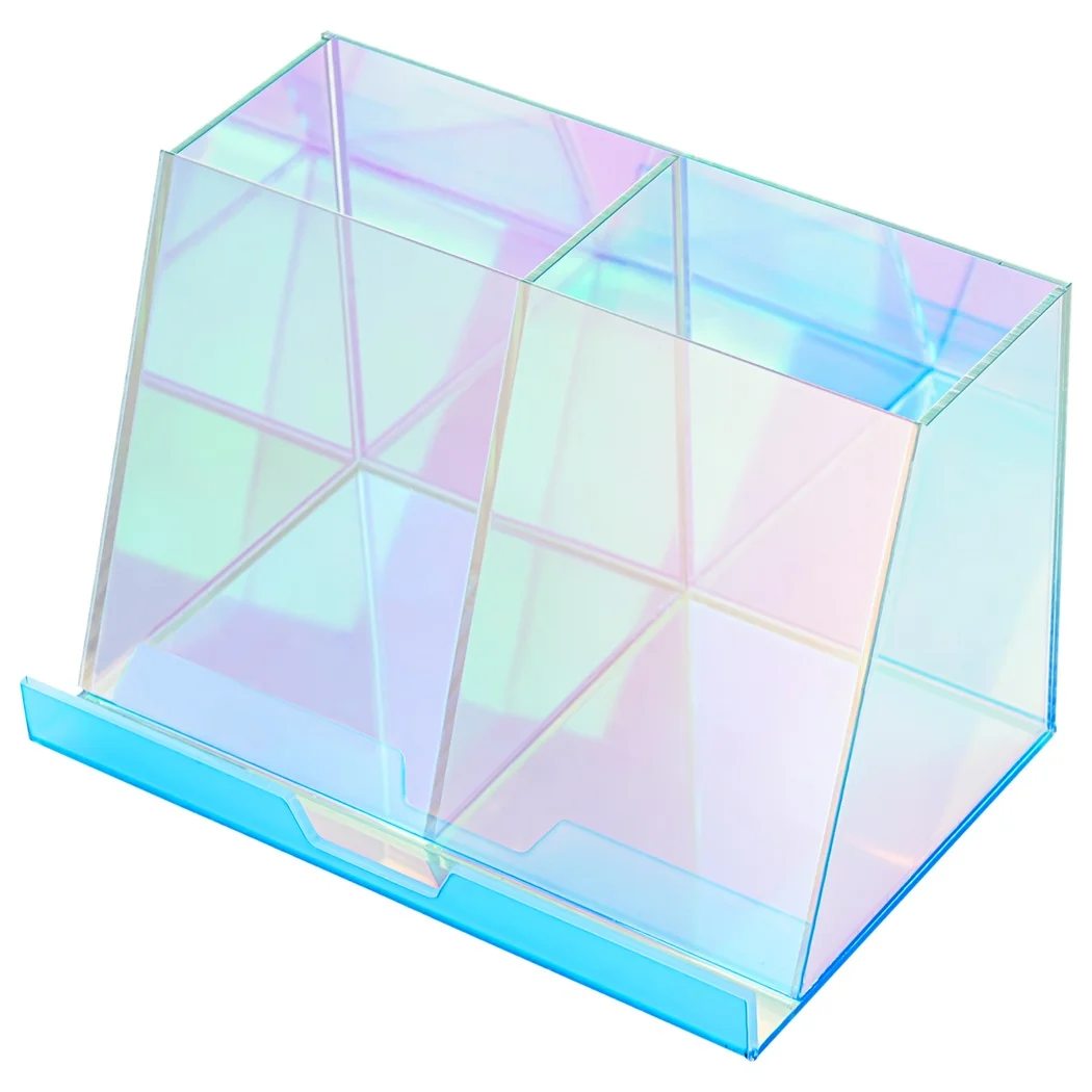 Acrylic Pen Holder Iridescent Desk Organizer Acrylic Storage Organizer Built-in Phone Holder For Pencil Cosmetics Makeup Brushes 2