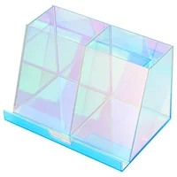 Acrylic Pen Holder Iridescent Desk Organizer Acrylic Storage Organizer Built-in Phone Holder For Pencil Cosmetics Makeup Brushes 2